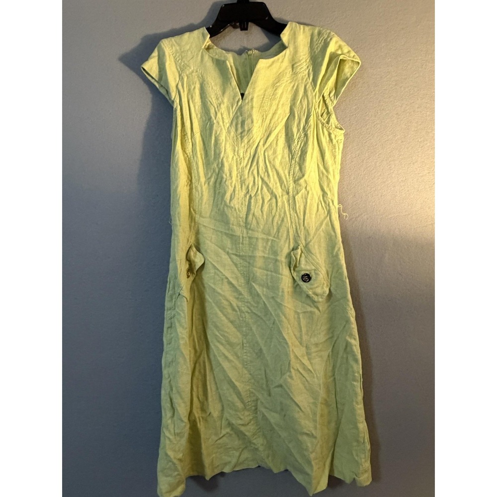 AK Anne Klein Dress Womens 8 Yellow Linen V Neck Shift Cap Sleeve Pocketsโ Work